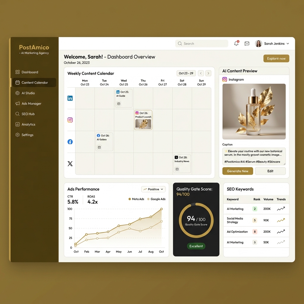 PostAmico dashboard showing content calendar with multi-platform posts, AI-generated images, campaign performance metrics, and quality scores.