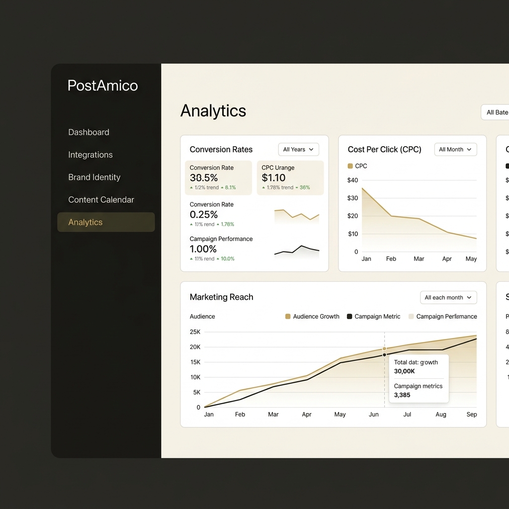 Performance analytics dashboard displaying ROI and CPC metrics