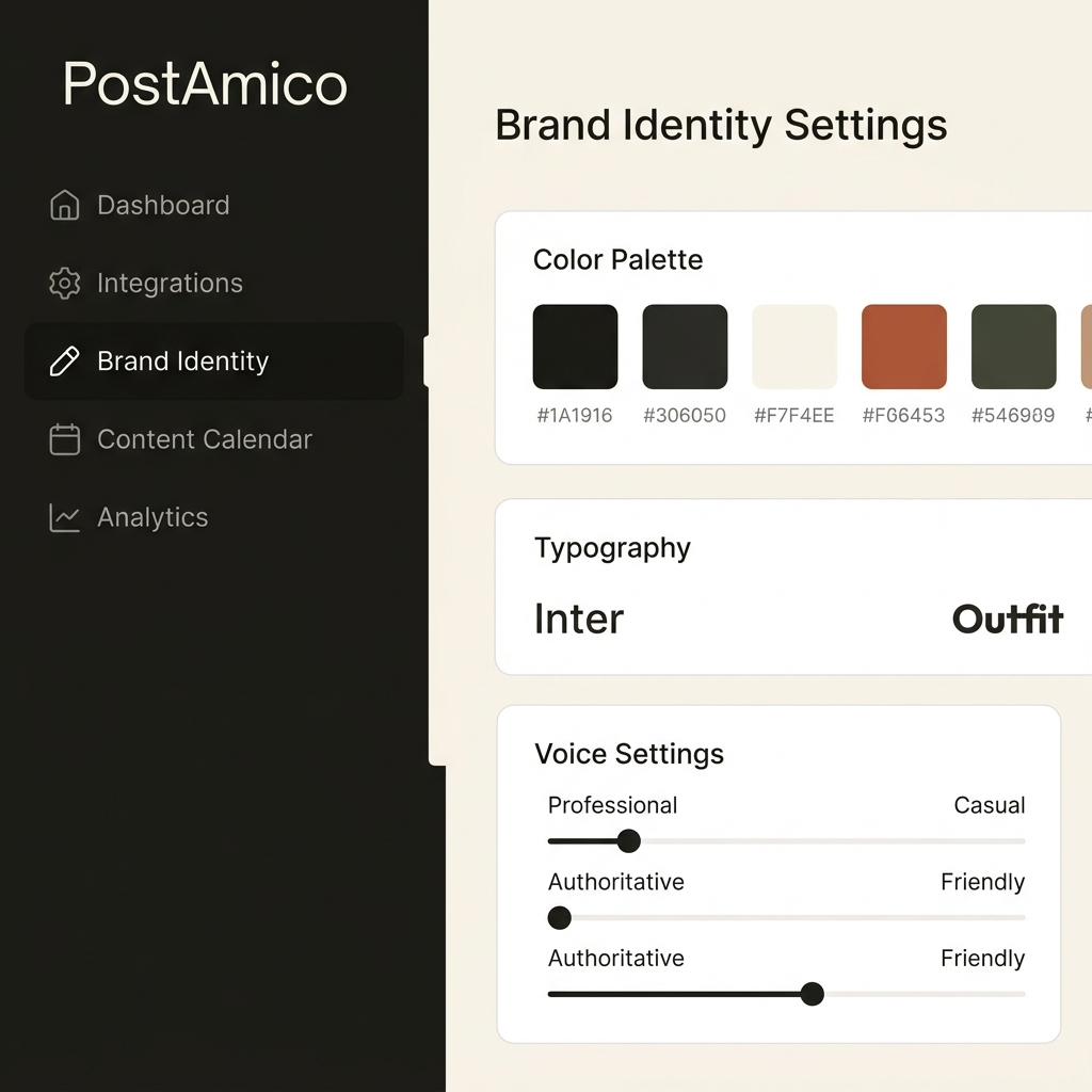 Brand Vault Identity dashboard showing design tokens and brand voice parameters