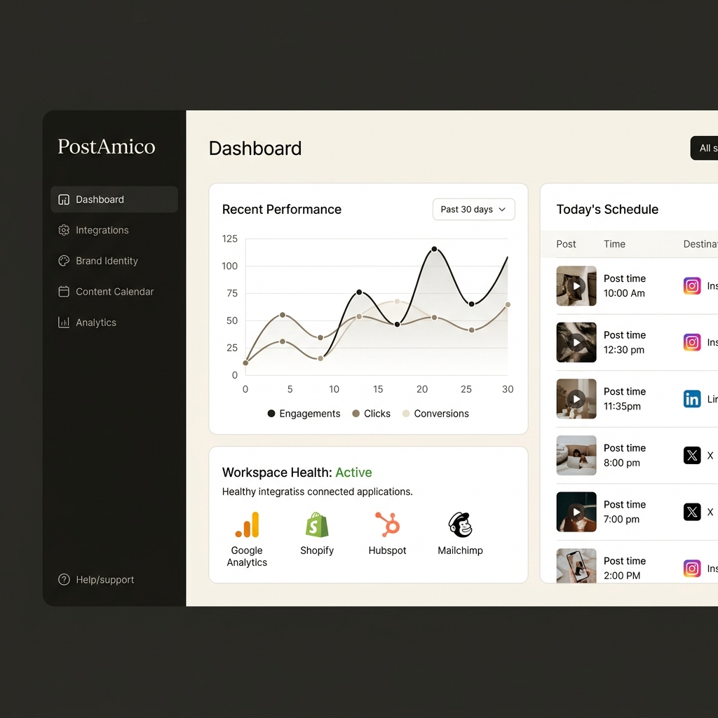 PostAmico dashboard showing content calendar, AI-generated brand images, campaign performance charts, and Google Workspace sync indicator.