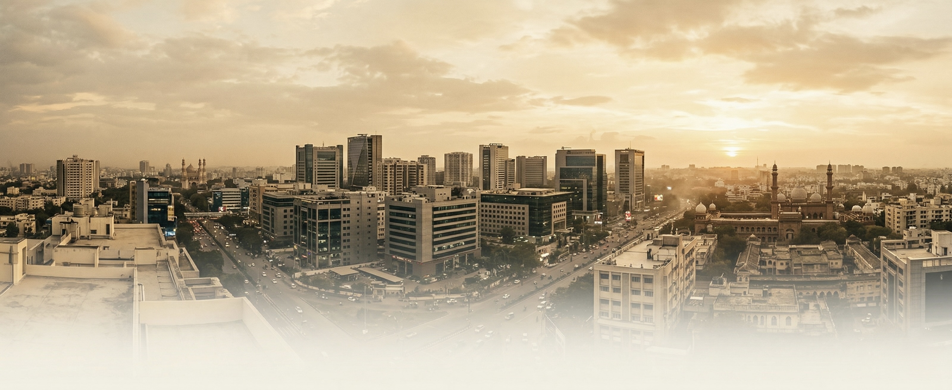 Modern Indian city skyline at golden hour, representing India professional technology landscape